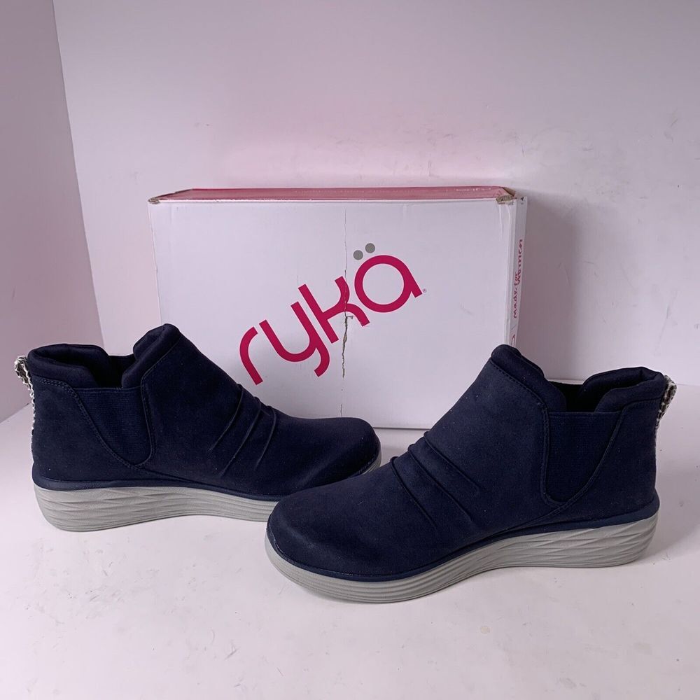 Ryka Water Repellent Wedge Ankle Boots Niah Animal Navy Blazer Sz 9‎ 1/2 W